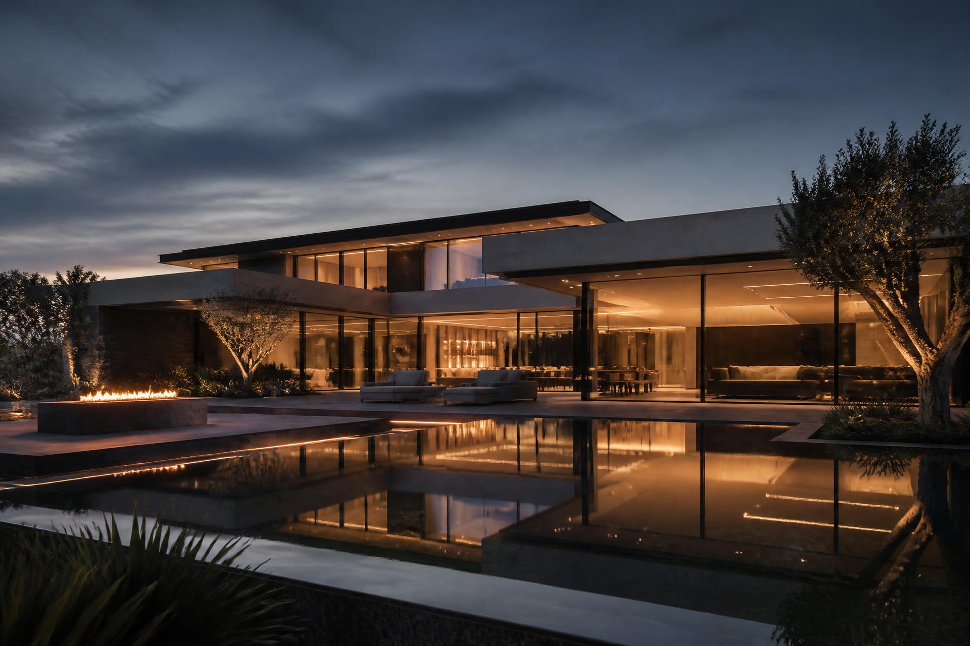 Modern luxusvilla esti fényben, tükröződő úszómedencével
